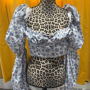 House of CB White and blue Puff Sleeve Crop Blouse